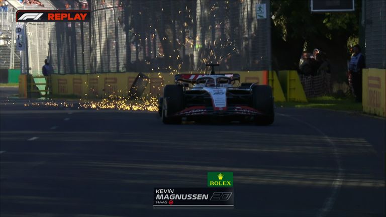 Kevin Magnussen clips the wall and completely loses his right rear tyre which brings out the second red flag of the race! 