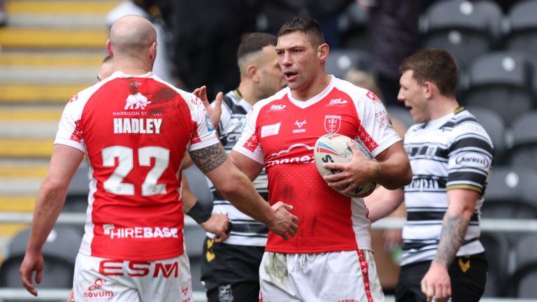 Ryan Hall celebrates after completing his hat-trick for Hull KR in the derby win over Hull FC