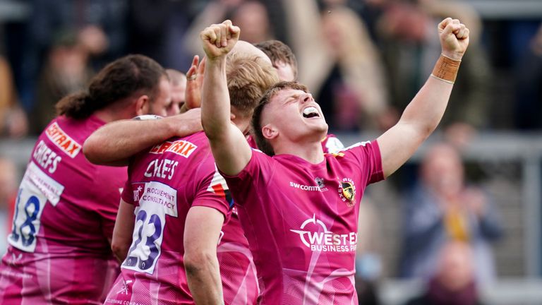 Tom Cairns celebrates Exeter's win over Montpellier in dramatic Heineken Champions Cup clash