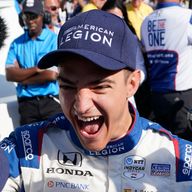 Alex Palou celebrates pole position at the Indy 500