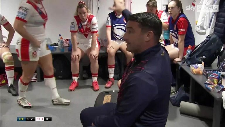 See behind-the-scenes as St Helens Women head coach Matty Smith gives his half-time team-talk during their game against Leeds Rhinos.