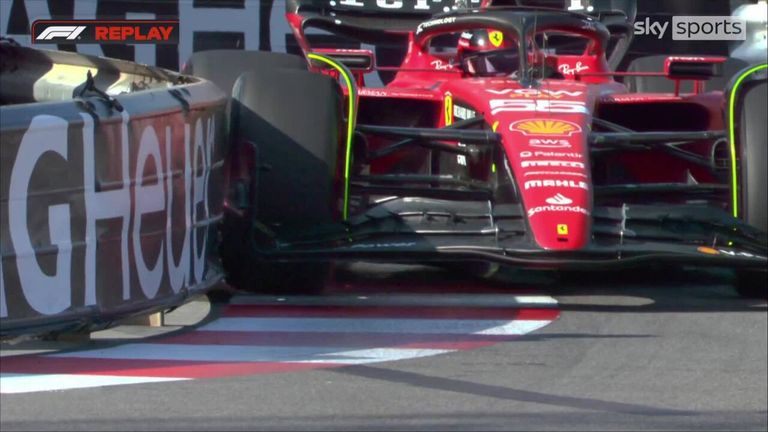 Carlos Sainz whacks the inside barrier at the Swimming Pool Chicane to crash and cause a red flag in FP2