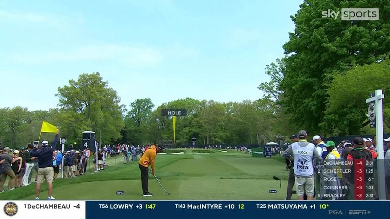 Watch Michael Block's shanked tee shot and ugly approach at the par-three fifth, where a double-bogey saw him slip down the PGA Championship leaderboard