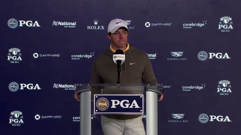 Rory McIlroy gives a very short answer to a question about the future of the professional game at a press conference ahead of the PGA Championship.