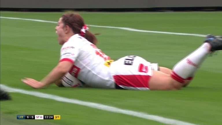 St Helens' Emily Rudge goes over for her second try of May's Women's Super League game against Leeds Rhinos