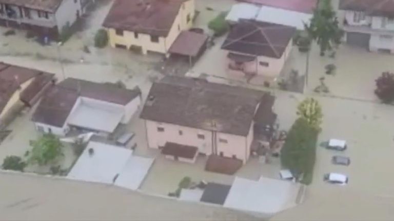 Severe floods are widespread across Italy's Emilia Romagna region after heavy rains caused the Savio River to swell and flood the city of Cesena, where this video was filmed. Credit: Sky News