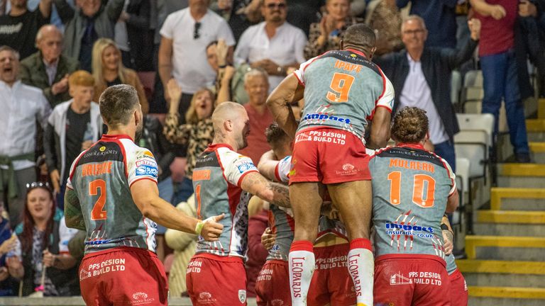 Leigh celebrated a stunning win at home to Super League leaders Warrington