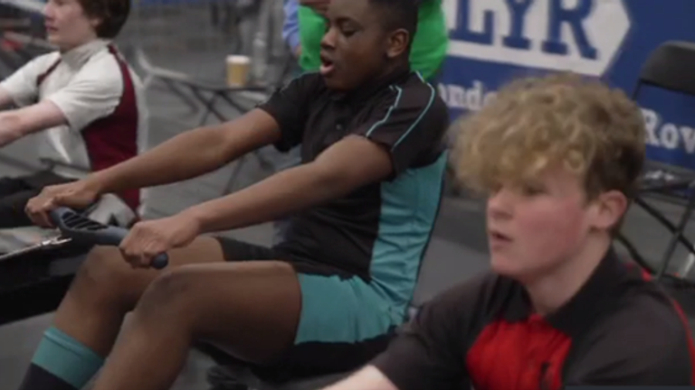 Competitors locked in an intense battle. Indoor rowing is helping broaden the sport&#8217;s appeal