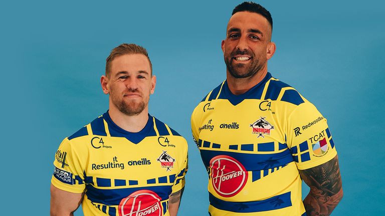 Matt Dufty and Paul Vaughan in Warrington's 1992/93 throwback shirt they will wear at Magic Weekend