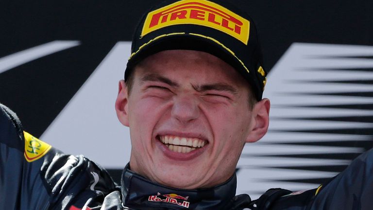 Max Verstappen celebrates his first F1 victory, at the 2016 Spanish Grand Prix