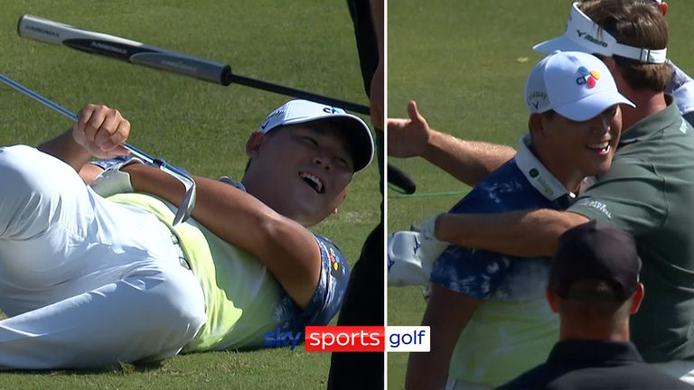 Keith Mitchell hit Si Woo Kim with an errant shot as the South Korean was waiting to tee off, before Kim entertained the crowd by pretending to be hurt when Mitchell approached to apologise