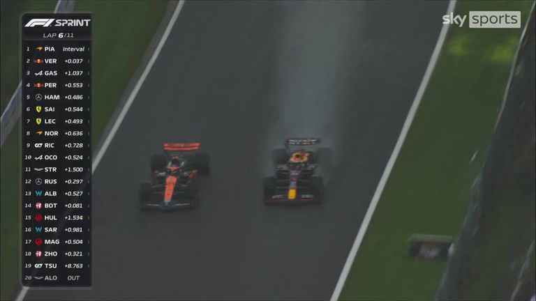 Max Verstappen quickly retakes the lead from Oscar Piastri after the McLaren driver struggled with the Sprint Race restart at the Belgian GP.