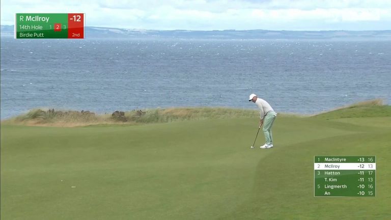 Rory McIlroy made a spectacular birdie at the 14th to move alongside Robert MacIntyre at the top of the leaderboard