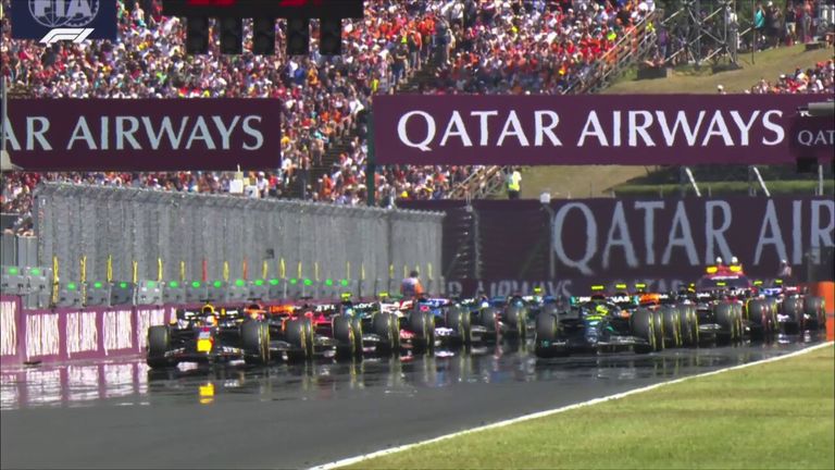 Lewis Hamilton ends up in fourth place after the first lap, with Max Verstappen in the lead and Oscar Piastri in second at the start of the Hungarian GP