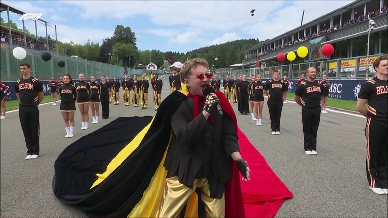 Antoine Delie sings the national anthem at the Belgian Grand Prix