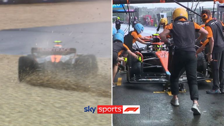 Lando Norris goes wide through Turn 16 but carries on despite possible front-wing damage.