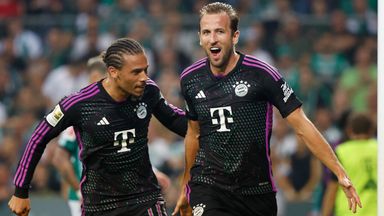 Harry Kane celebrates his first Bayern Munich goal on his Bundesliga debut