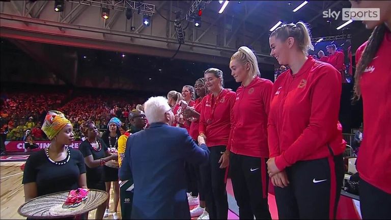 After defeat in the Netball World Cup final against Australia, the England players collect their silver medals in South Africa.