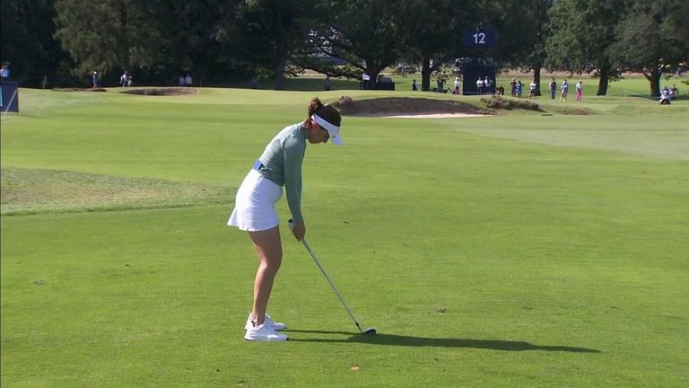 Georgia Hall recorded her first birdie of the day at the AIG Women's Open on the 12th hole thanks to an impressive approach shot.