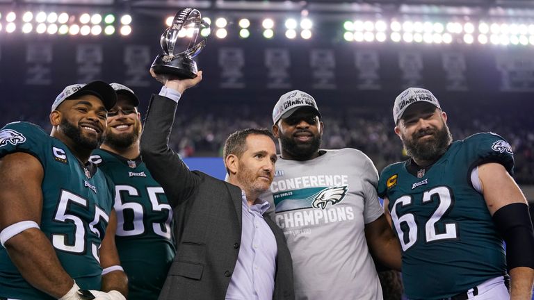 Eagles general manager Howie Roseman (middle) retained their core veteran group (left to right) of Brandon Graham, Lane Johnson, Fletcher Cox and Jason Kelce