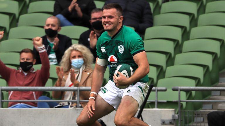 Ireland's Jacob Stockdale celebrates scoring his side's fifth try of the game during the Summer Series match at the Aviva back in July 2021