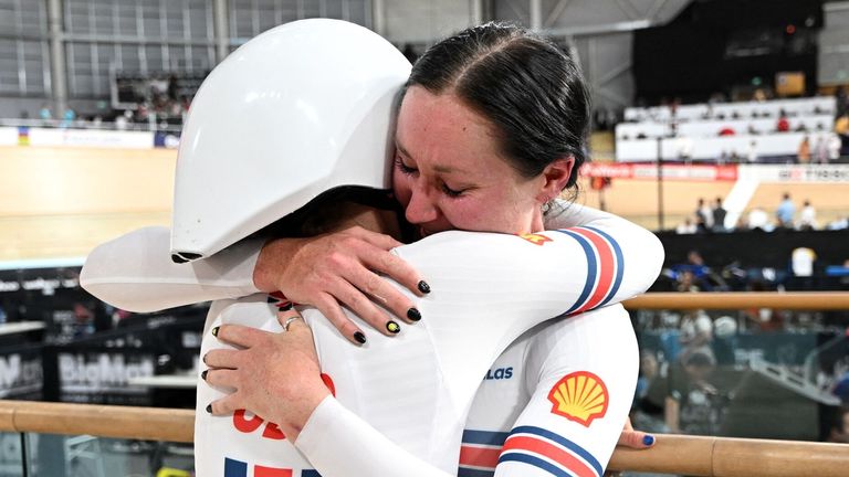 Josie Knight (left) embraces Katie Archibald (right) after Great Britain's first women's team pursuit world title in nine years