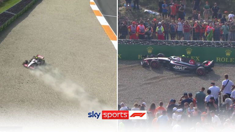 Nico Hulkenberg crashes his Haas at the penultimate corner during first practice ahead of the Dutch Grand Prix.