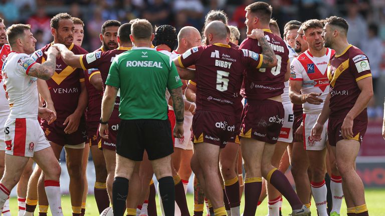 St Helens and Huddersfield players confront each other as Joe Greenwood is sent off