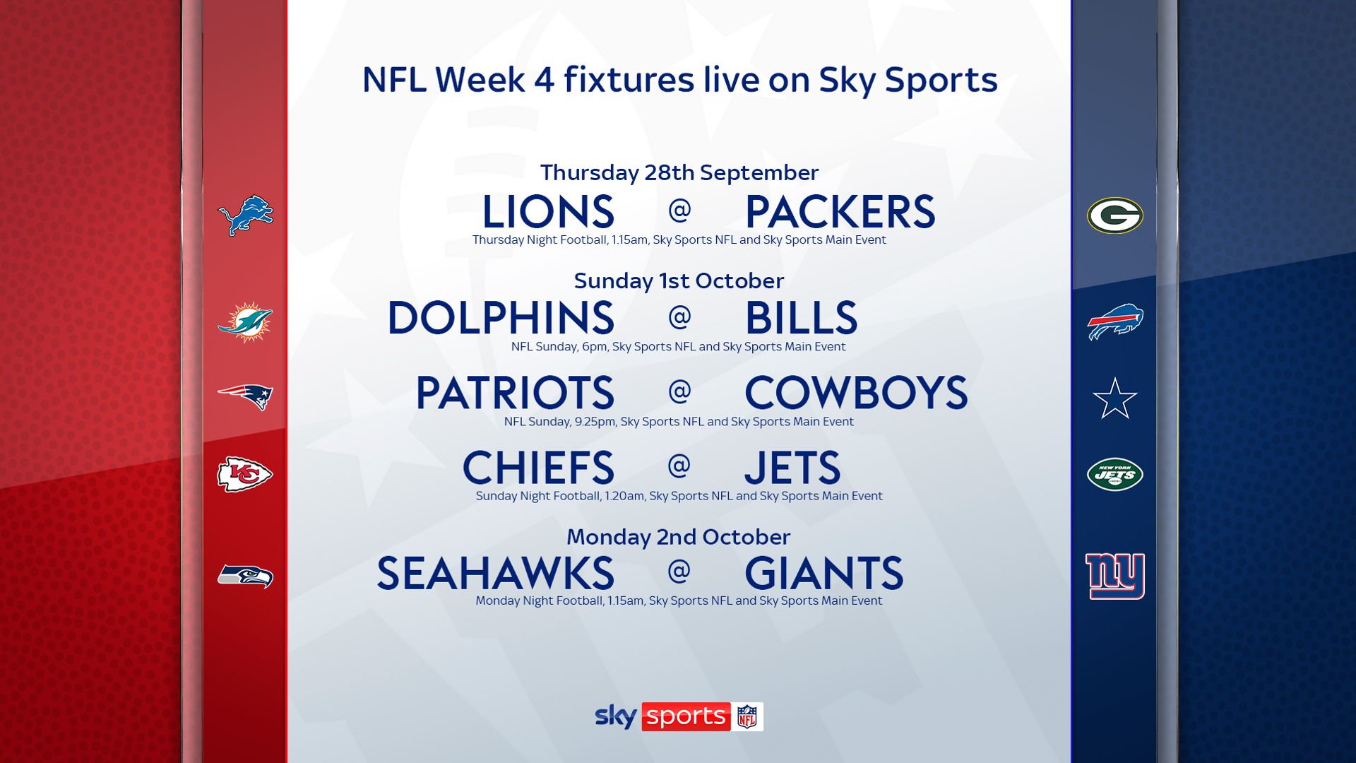 Which NFL games are live on Sky in Week Four?