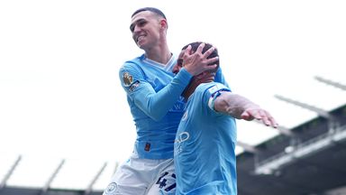 Phil Foden celebrates his goal with Kyle Walker as Manchester City defeated Nottingham Forest