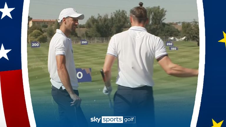 Gareth Bale gives Novak Djokovic a golf lesson ahead of the Ryder Cup All-Star match at the Marco Simone Golf & Country Club.