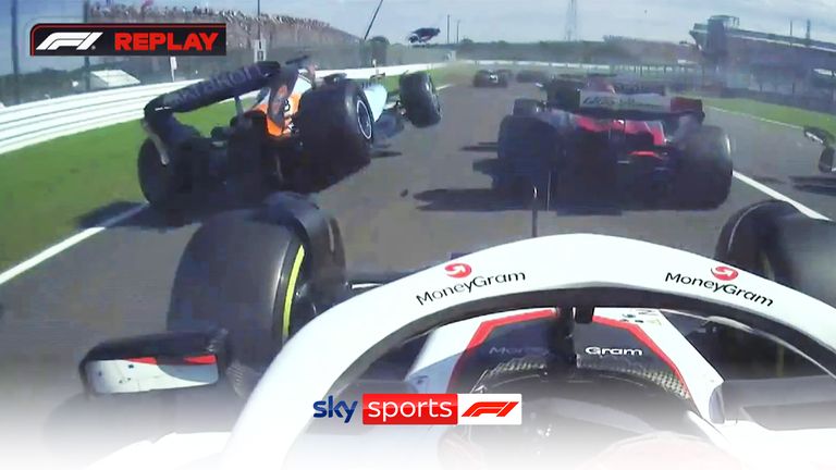 Two collisions on the opening corner of the Japanese Grand Prix as Lewis Hamilton and Sergio Perez collide with Alex Albon and Valtteri Bottas following soon after