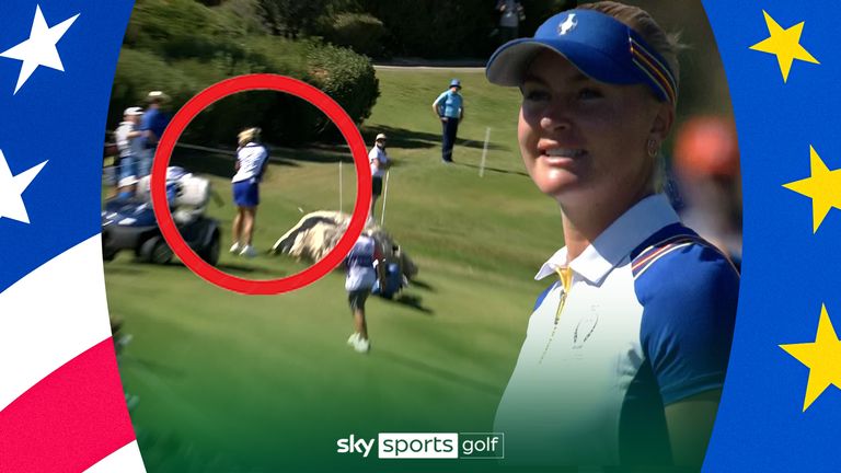 Team Europe captain Suzann Pettersen shows great reflexes on the eighth to dodge a Charley Hull approach shot.