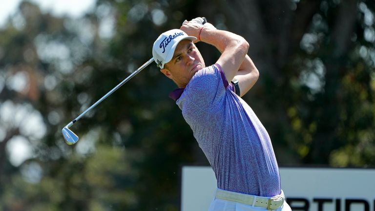 Justin Thomas follows his shot from the second tee of the Silverado Resort North Course during the Fortinet Championship (AP Photo/Eric Risberg)