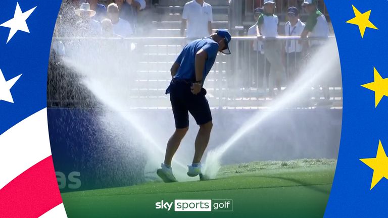 Play was stopped momentarily at the Solheim Cup in Spain as a greenside sprinkler was set off accidentally. A greenkeeper was forced to intervene so play could continue