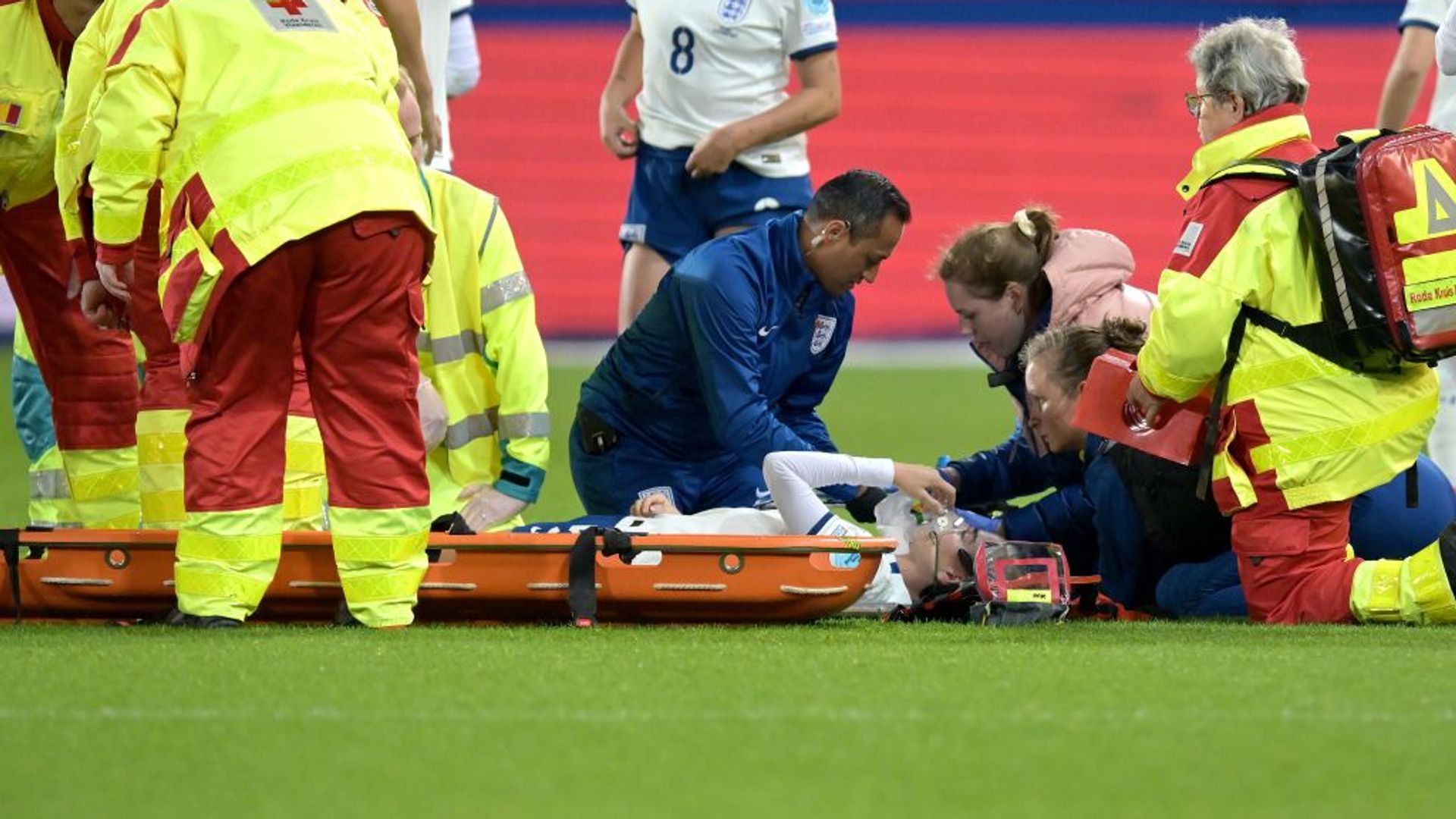 England's Greenwood stretchered off after head injury against Belgium