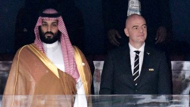 Saudi Arabia Crown Prince Mohammed bin Salman, left, next to FIFA President Gianni Infantino at the 2018 World Cup