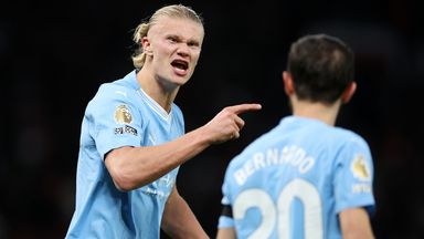 Erling Haaland celebrates after doubling Manchester City's lead at Old Trafford
