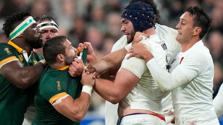 George Martin clashes with South Africa's Cobus Reinach during the fraught World Cup clash in October