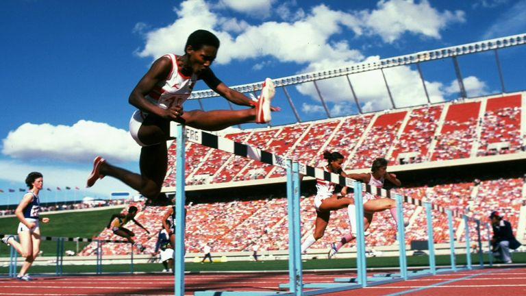 Lorna Boothe hurdles the obstacles on her way to winning the gold medal in the Commonwealth Games