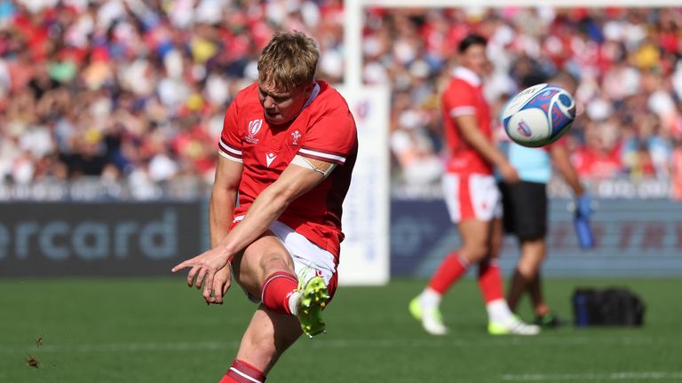 Sam Costelow of Wales scores a conversion against Georgia 