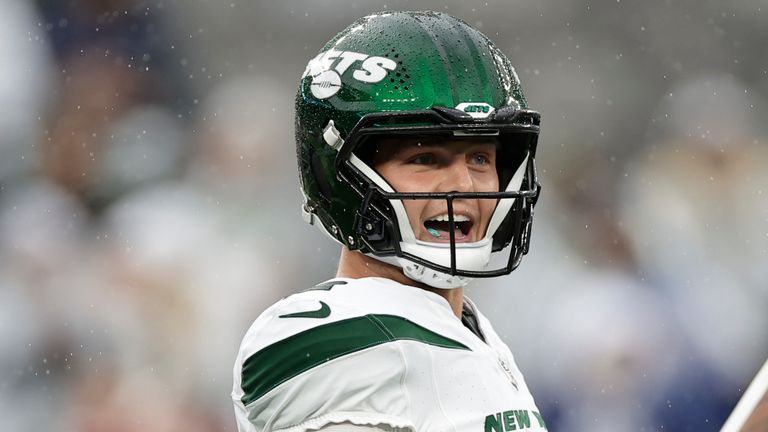 New York Jets quarterback Zach Wilson in action against the Giants