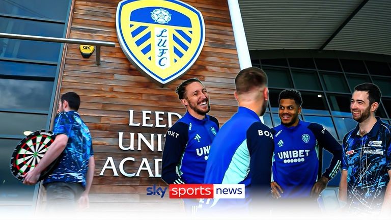 Leeds United fan Luke Humphries combines his favourite sports by giving the players a darts masterclass