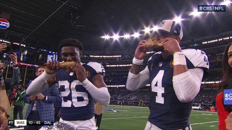 Dak Prescott and DaRon Bland celebrated their Thanksgiving win with some well-earned turkey!