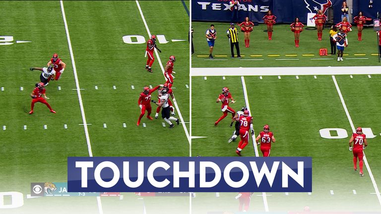 Houston Texans quarterback CJ Stroud's neat footwork extends the play superbly before he finds his favourite target, Tank Dell for the touchdown