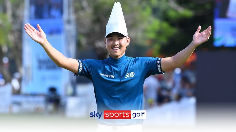 Min Woo Lee leads the crowd with a Viking clap before securing his first Australian PGA Championship title. 