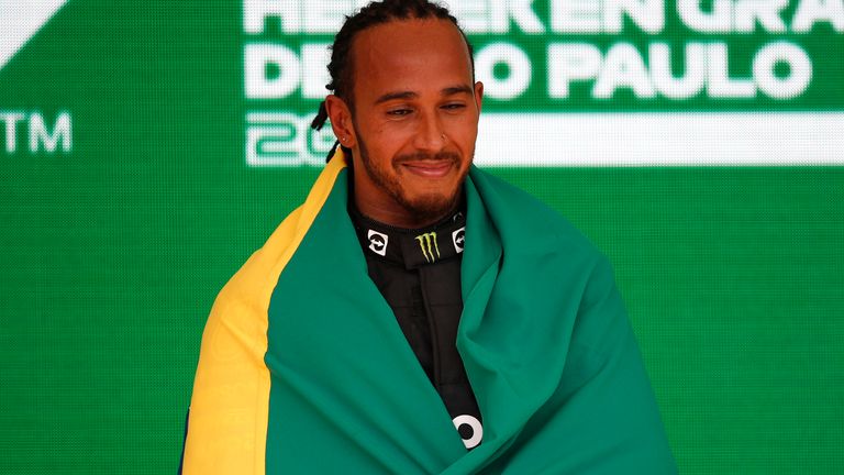 Lewis Hamilton celebrates his 2021 Sao Paulo GP win