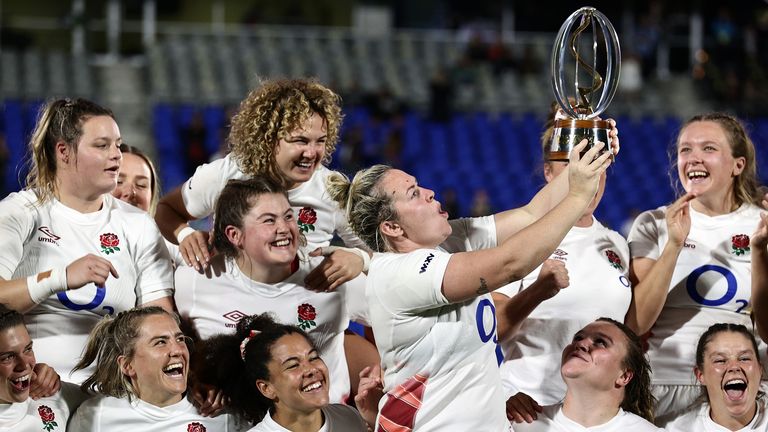 Red Roses captain Marlie Packer lifts the WXV1 trophy after England were too strong for New Zealand 