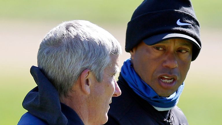 Tiger Woods pictured with PGA Tour commissioner Jay Monahan at the Genesis Invitational in February