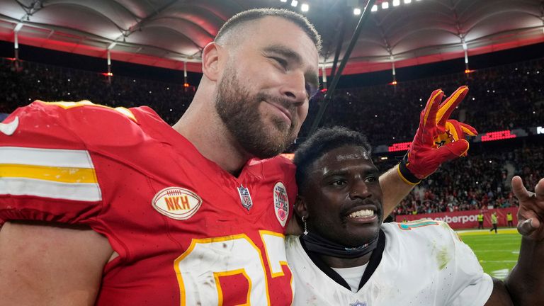 Kansas City Chiefs tight end Travis Kelce (left) set a new franchise record during the win over the Miami Dolphins in Germany